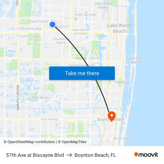 57th Ave at Biscayne Blvd to Boynton Beach, FL map