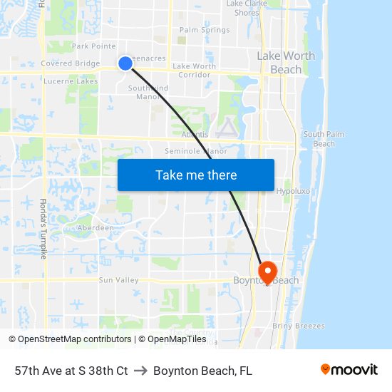57th Ave at S 38th Ct to Boynton Beach, FL map