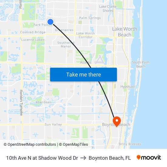 10th Ave N at Shadow Wood Dr to Boynton Beach, FL map