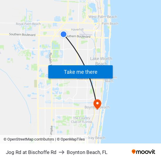 Jog Rd at Bischoffe Rd to Boynton Beach, FL map
