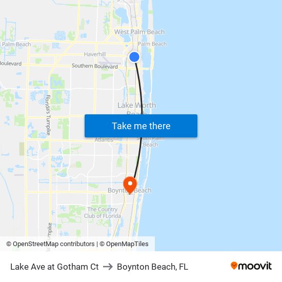 Lake Ave at Gotham Ct to Boynton Beach, FL map