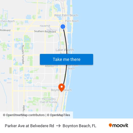Parker Ave at Belvedere Rd to Boynton Beach, FL map