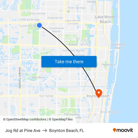 Jog Rd at Pine Ave to Boynton Beach, FL map