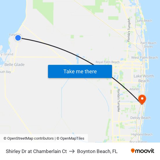 Shirley Dr at  Chamberlain Ct to Boynton Beach, FL map