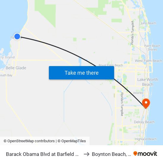 Barack Obama Blvd at Barfield Hwy to Boynton Beach, FL map