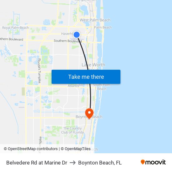 Belvedere Rd at Marine Dr to Boynton Beach, FL map