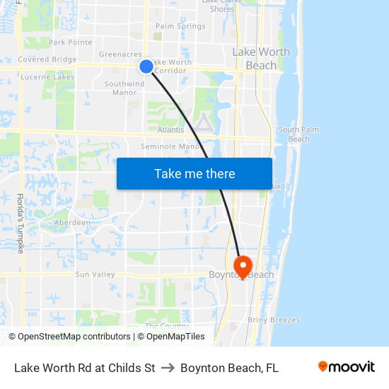 Lake Worth Rd at Childs St to Boynton Beach, FL map