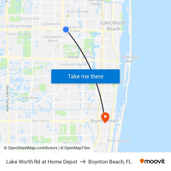 Lake Worth Rd at Home Depot to Boynton Beach, FL map