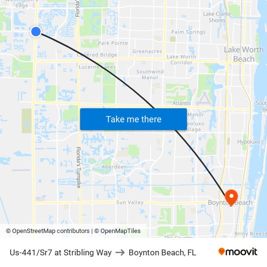 Us-441/Sr7 at Stribling Way to Boynton Beach, FL map
