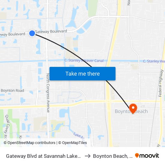 Gateway Blvd at  Savannah Lakes Dr to Boynton Beach, FL map