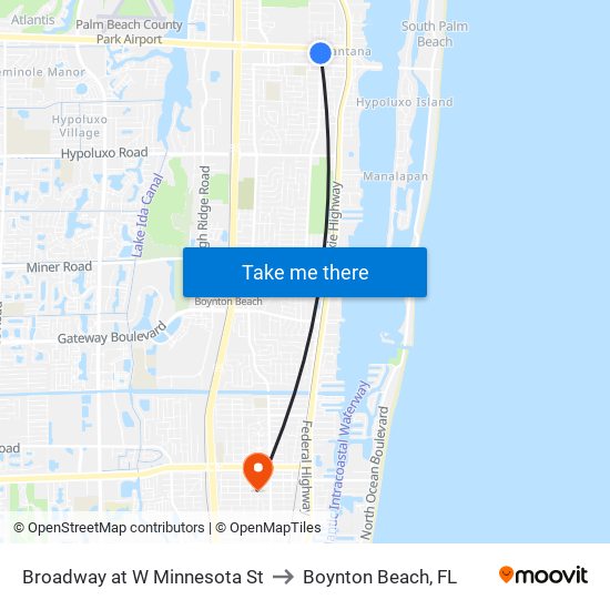 Broadway at  W Minnesota St to Boynton Beach, FL map