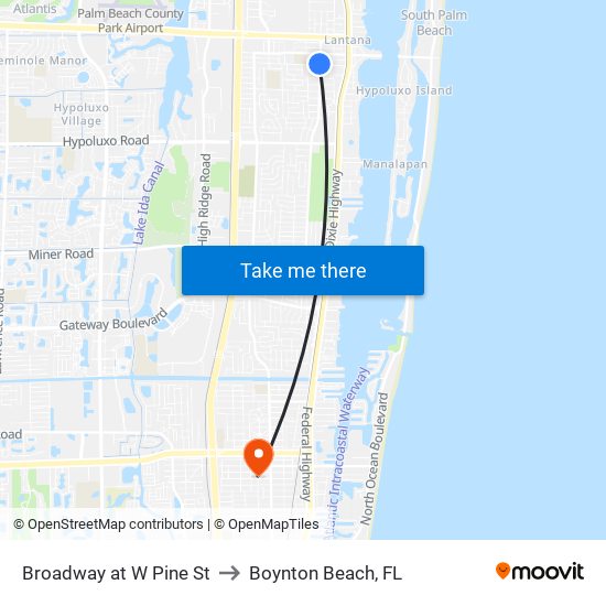 Broadway at  W Pine St to Boynton Beach, FL map