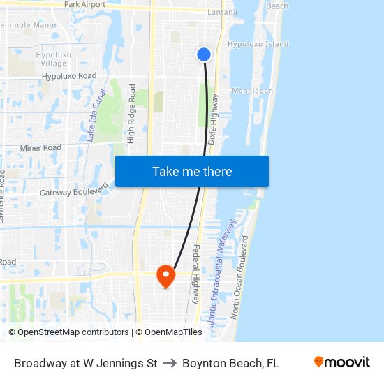 Broadway at  W Jennings St to Boynton Beach, FL map