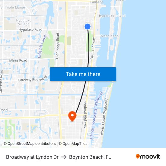 Broadway at  Lyndon Dr to Boynton Beach, FL map