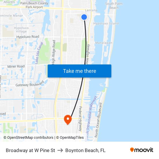 Broadway at W Pine St to Boynton Beach, FL map