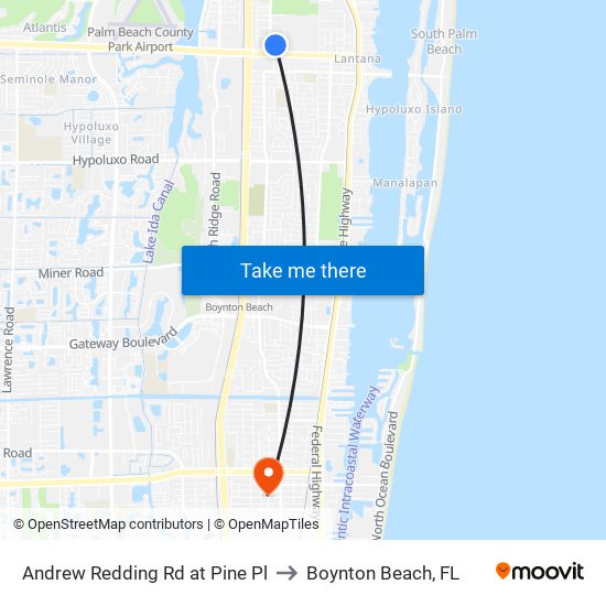 Andrew Redding Rd at Pine Pl to Boynton Beach, FL map