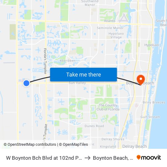 W Boynton Bch Blvd at 102nd Pl S to Boynton Beach, FL map