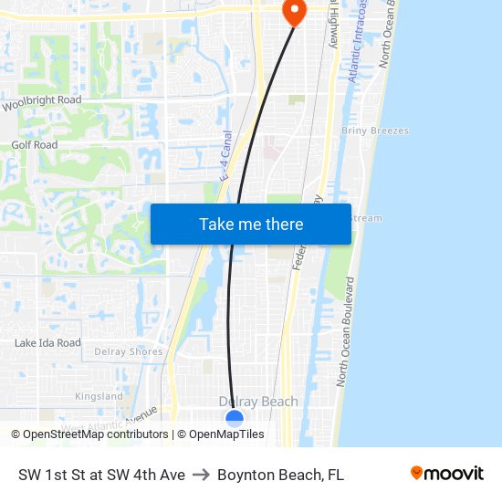 SW 1st St at SW 4th Ave to Boynton Beach, FL map