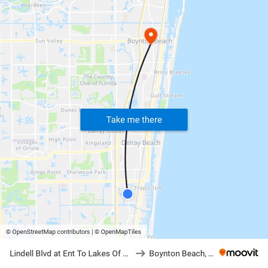 Lindell Blvd at Ent To Lakes Of Del to Boynton Beach, FL map