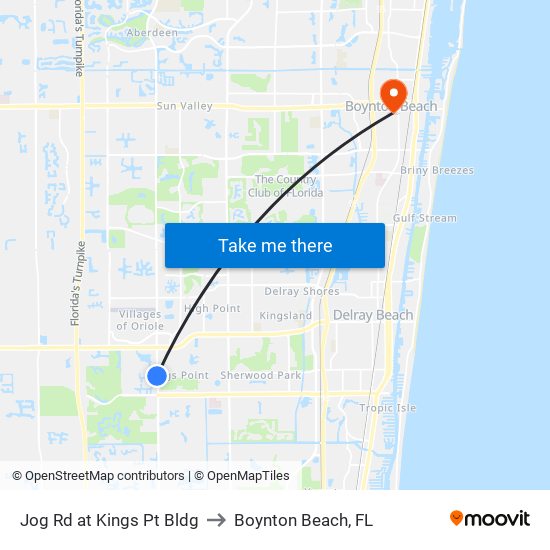 Jog Rd at Kings Pt Bldg to Boynton Beach, FL map