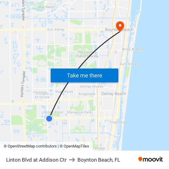 Linton Blvd at Addison Ctr to Boynton Beach, FL map