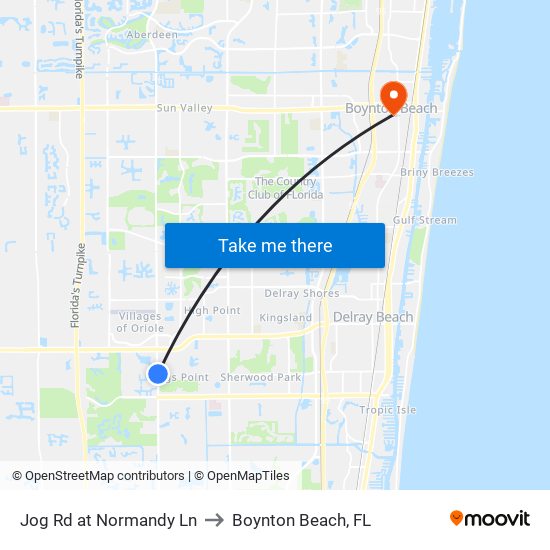 Jog Rd at Normandy Ln to Boynton Beach, FL map