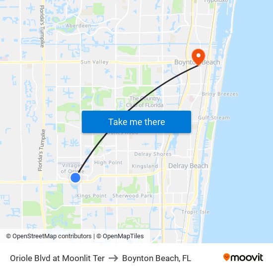Oriole Blvd at Moonlit Ter to Boynton Beach, FL map