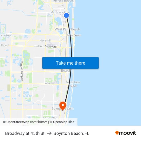 Broadway at 45th St to Boynton Beach, FL map