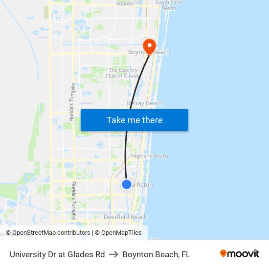 University Dr at Glades Rd to Boynton Beach, FL map