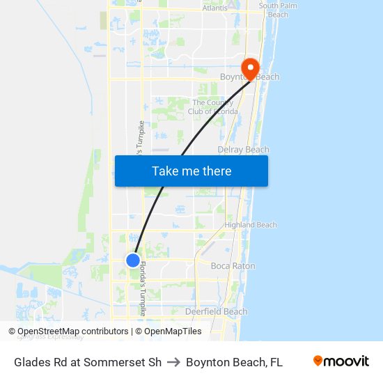 Glades Rd at Sommerset Sh to Boynton Beach, FL map