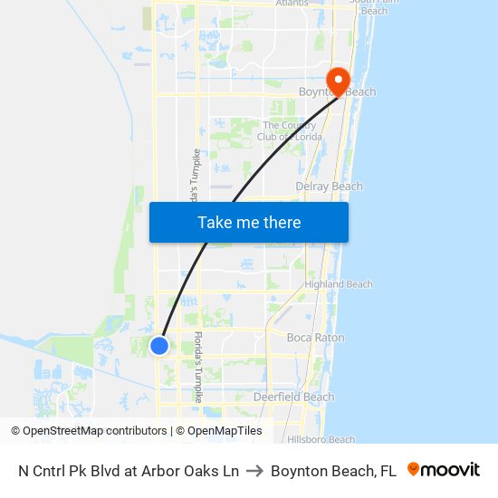 N Cntrl Pk Blvd at Arbor Oaks Ln to Boynton Beach, FL map