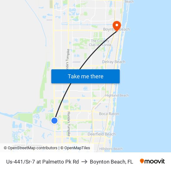 Us-441/Sr-7 at Palmetto Pk Rd to Boynton Beach, FL map