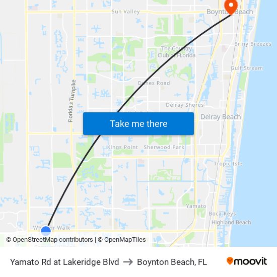 Yamato Rd at Lakeridge Blvd to Boynton Beach, FL map