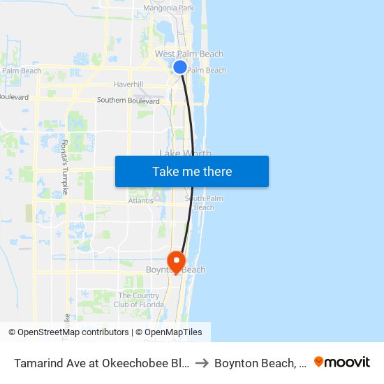 Tamarind Ave at Okeechobee Blvd to Boynton Beach, FL map