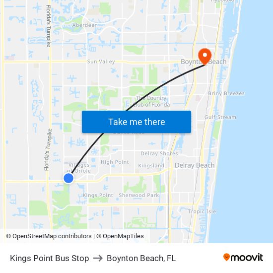 Kings Point Bus Stop to Boynton Beach, FL map