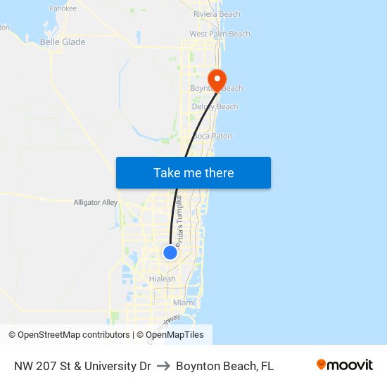 NW 207 St & University Dr to Boynton Beach, FL map