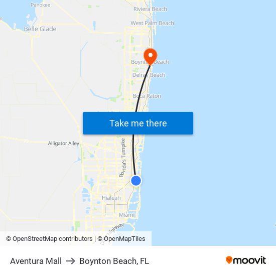 Aventura Mall to Boynton Beach, FL map