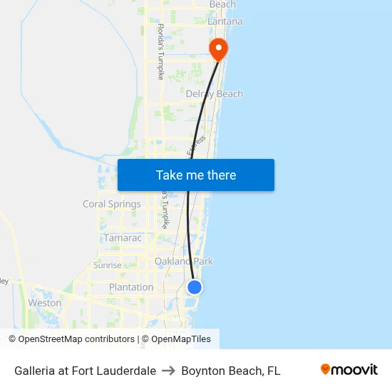Galleria at Fort Lauderdale to Boynton Beach, FL map