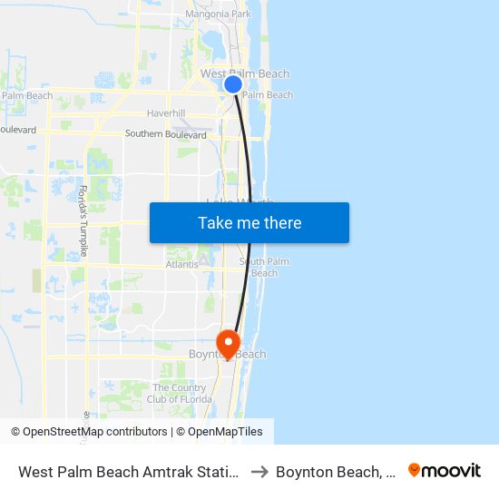 West Palm Beach Amtrak Station to Boynton Beach, FL map
