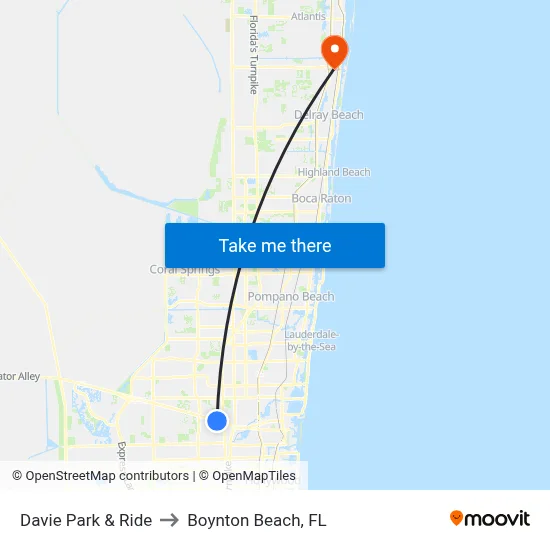 Davie Park & Ride to Boynton Beach, FL map