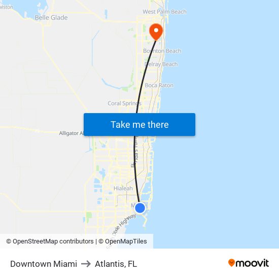 Downtown Miami to Atlantis, FL map