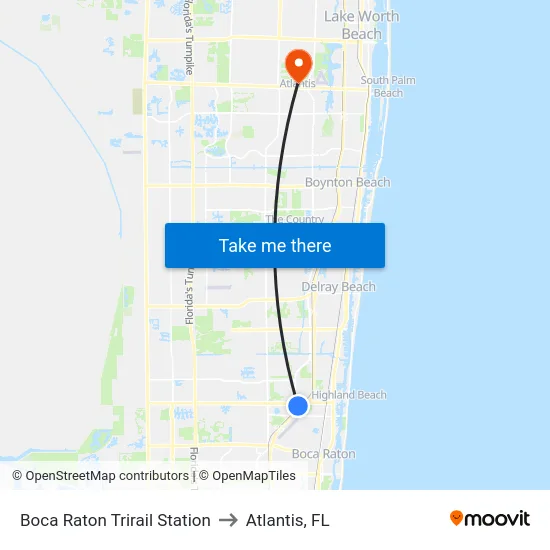 Boca Raton Trirail Station to Atlantis, FL map
