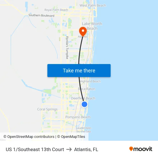 US 1/Southeast 13th Court to Atlantis, FL map