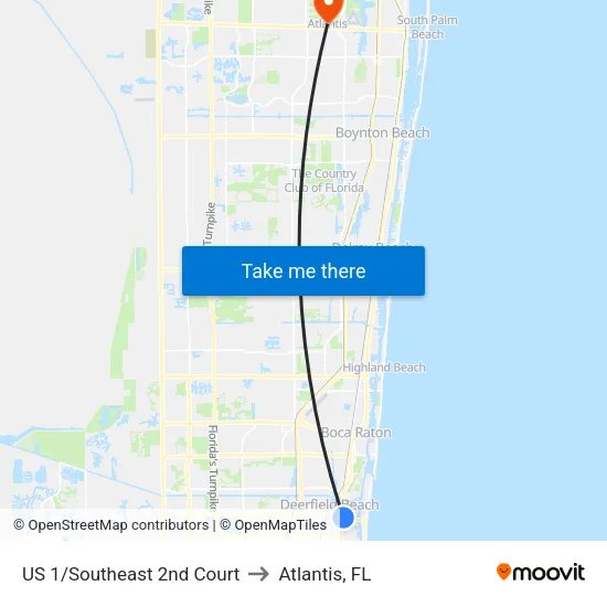 US 1/Southeast 2nd Court to Atlantis, FL map
