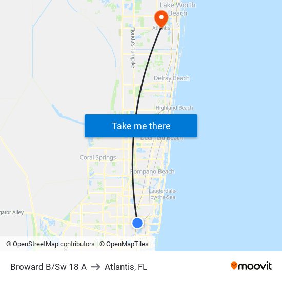 Broward B/Sw 18 A to Atlantis, FL map