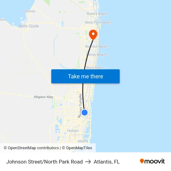 Johnson Street/North Park Road to Atlantis, FL map