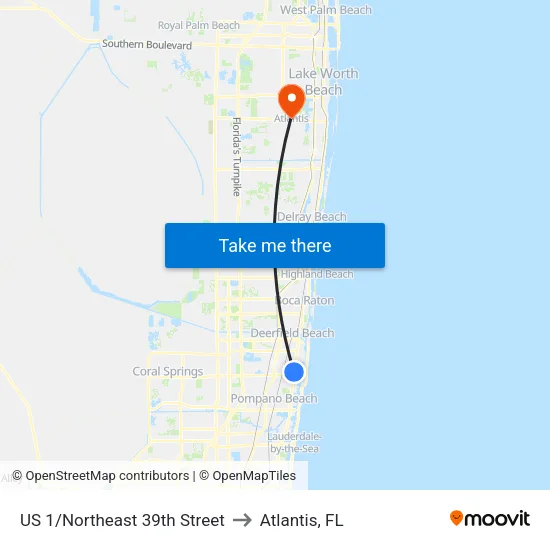 US 1/Northeast 39th Street to Atlantis, FL map