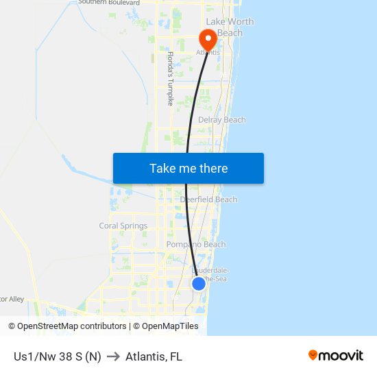 Us1/Nw 38 S (N) to Atlantis, FL map