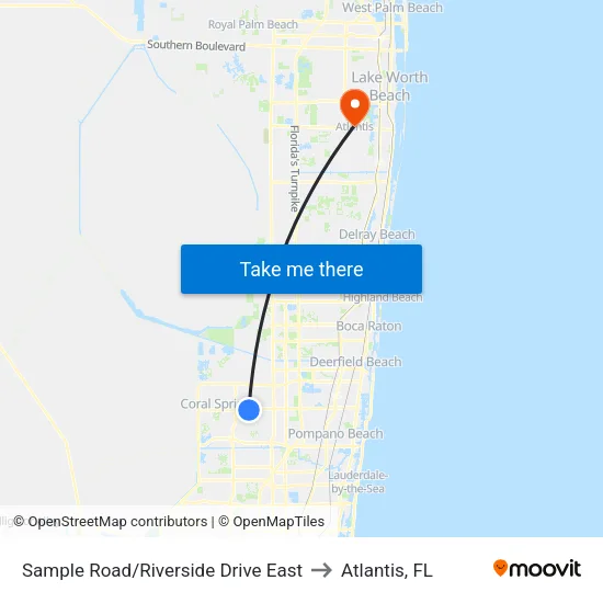 Sample Road/Riverside Drive East to Atlantis, FL map