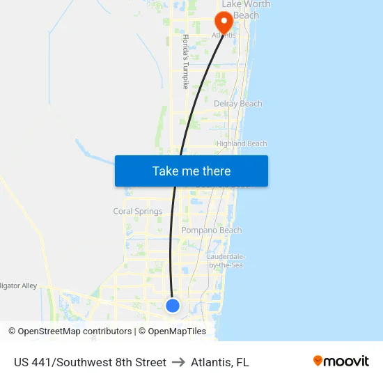 US 441/Southwest 8th Street to Atlantis, FL map